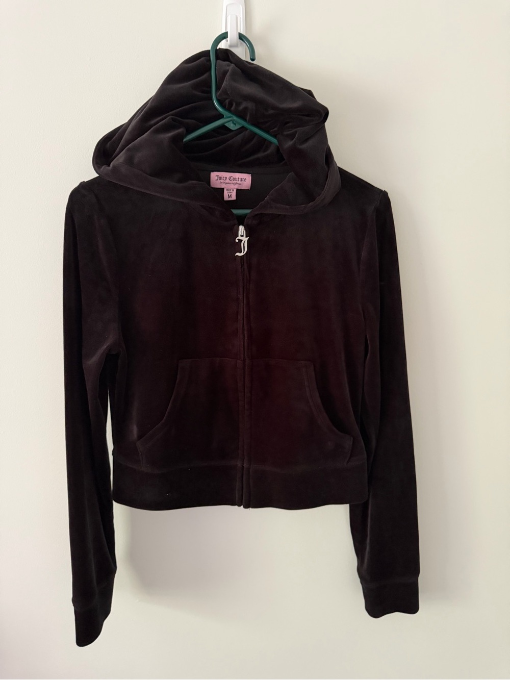 Juicy Couture Black Velour Zip Hoodie with Front Pockets